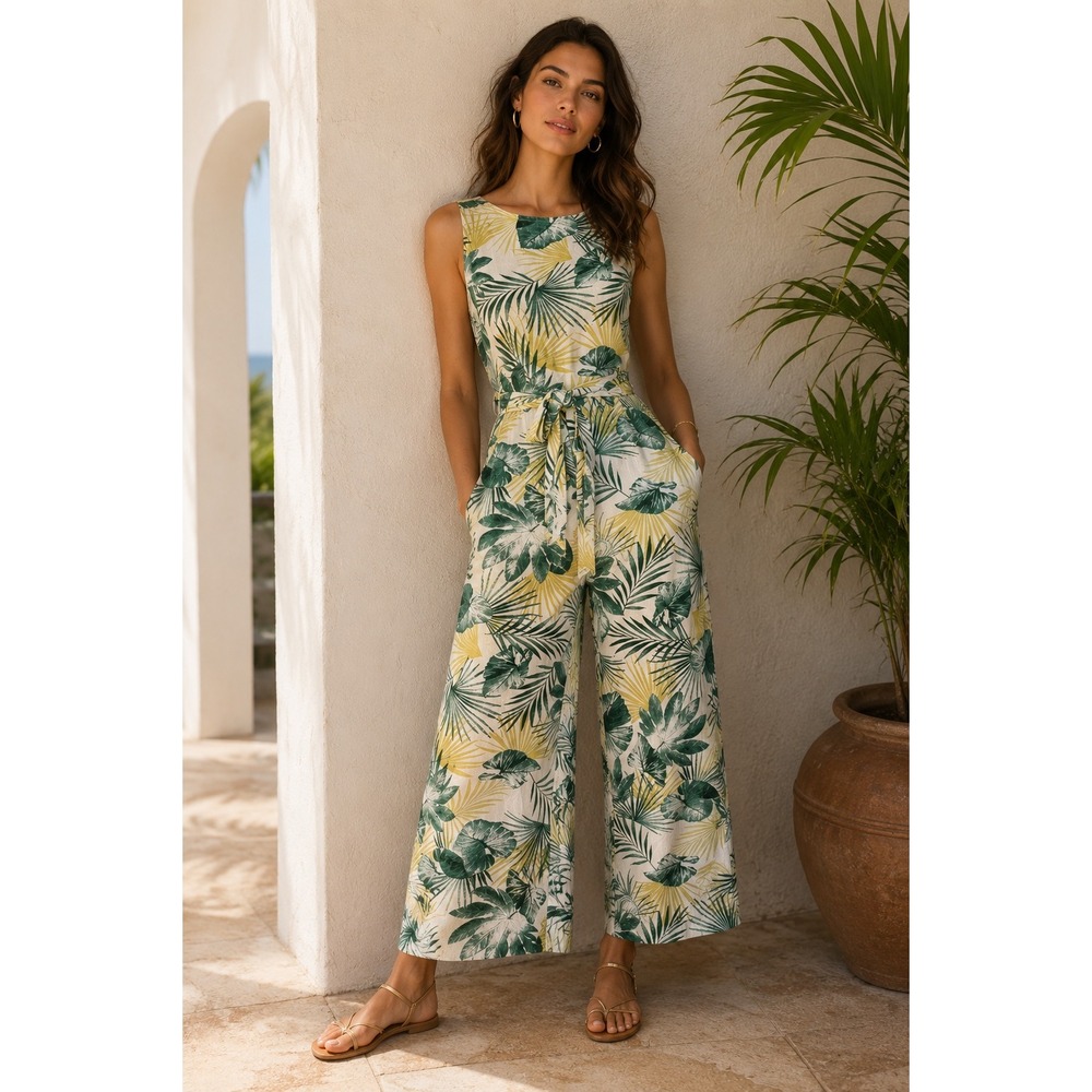 Soprano Tropical Palm Print Wide Leg Jumpsuit Green‎ Yellow Cutout Back Small
